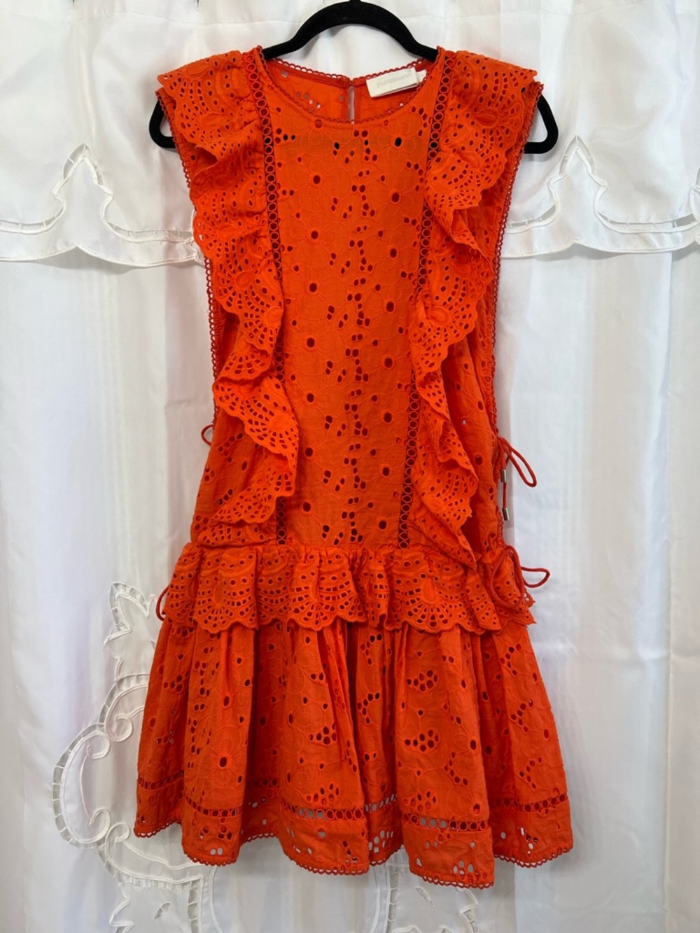 Zimmermann Marisol Eyelet Dress Tomato Orange Ruffle Lace Mini Dress Resort S - Picture 2 of 13